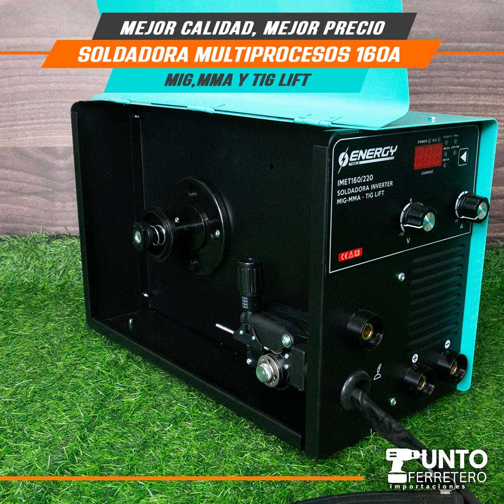 Soldadora Multiprocesos 160A Energy (mma,mig Mag,lig tif)+ 1kg alambre flux suelda con gas/sin gas