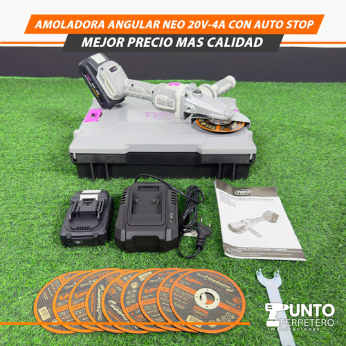 Amoladora Angular Neo de 20V-4A con Auto Stop