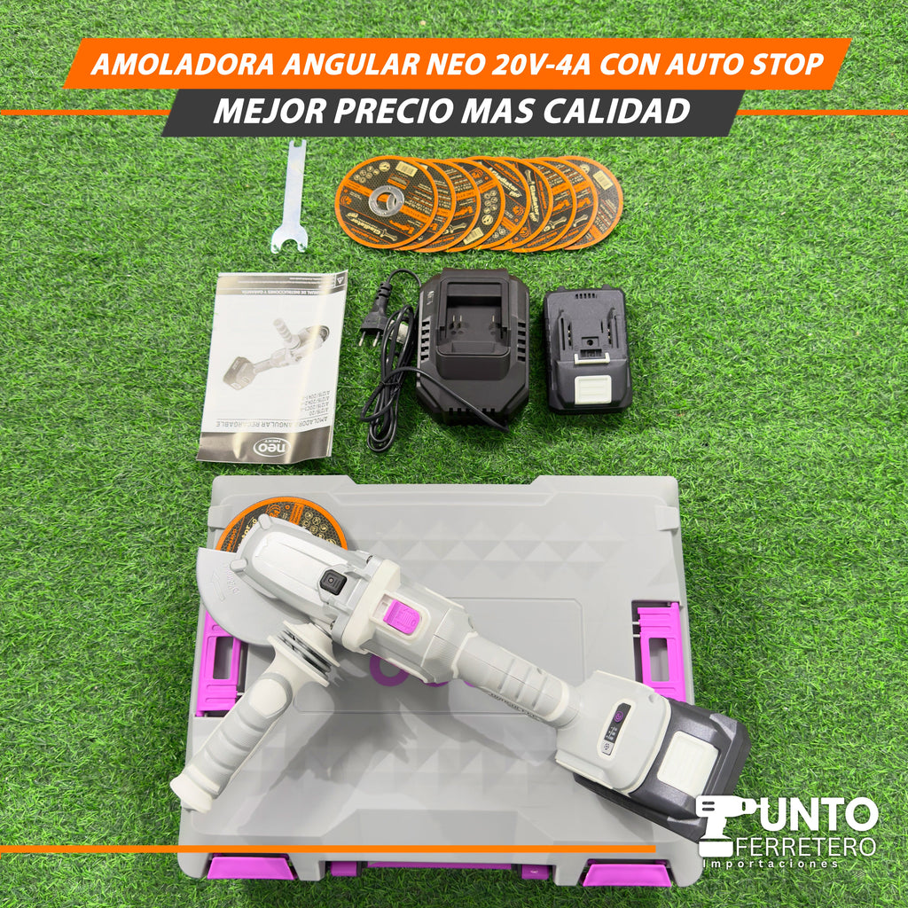 Amoladora Angular Neo de 20V-4A con Auto Stop