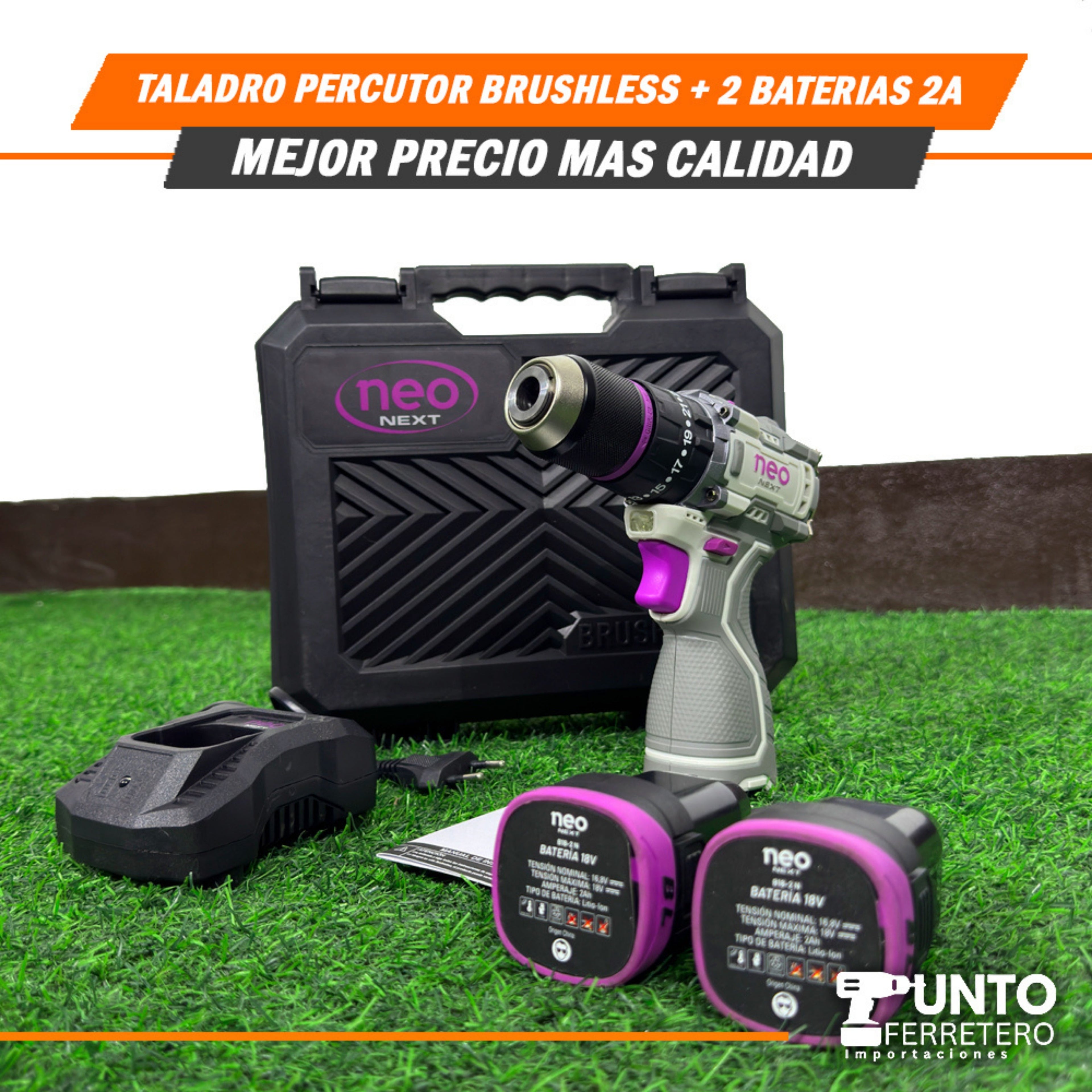 Taladro Percutor 18V Neo (Brushless Sin Carbones) + 2-Baterias