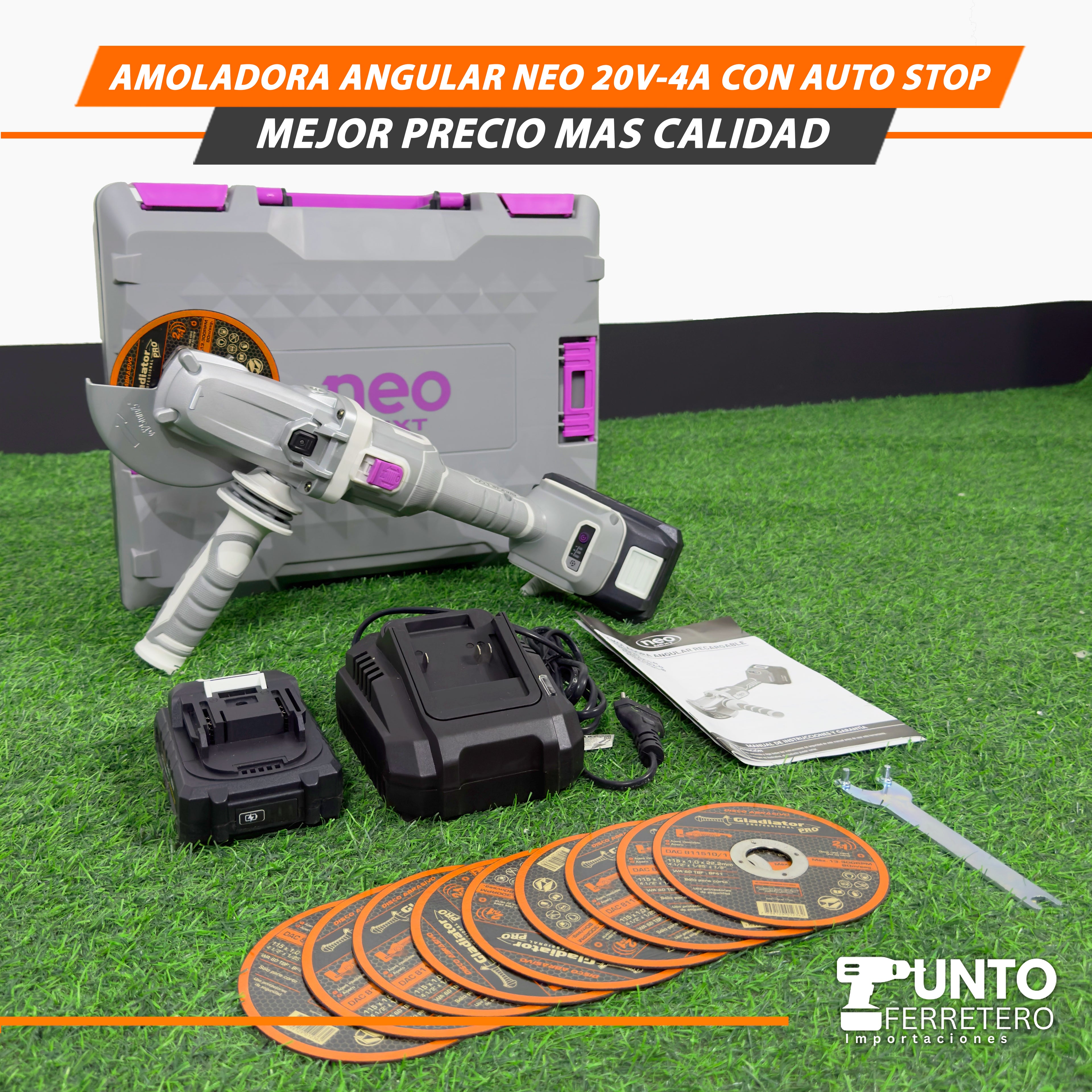 Amoladora Angular Neo de 20V-4A con Auto Stop