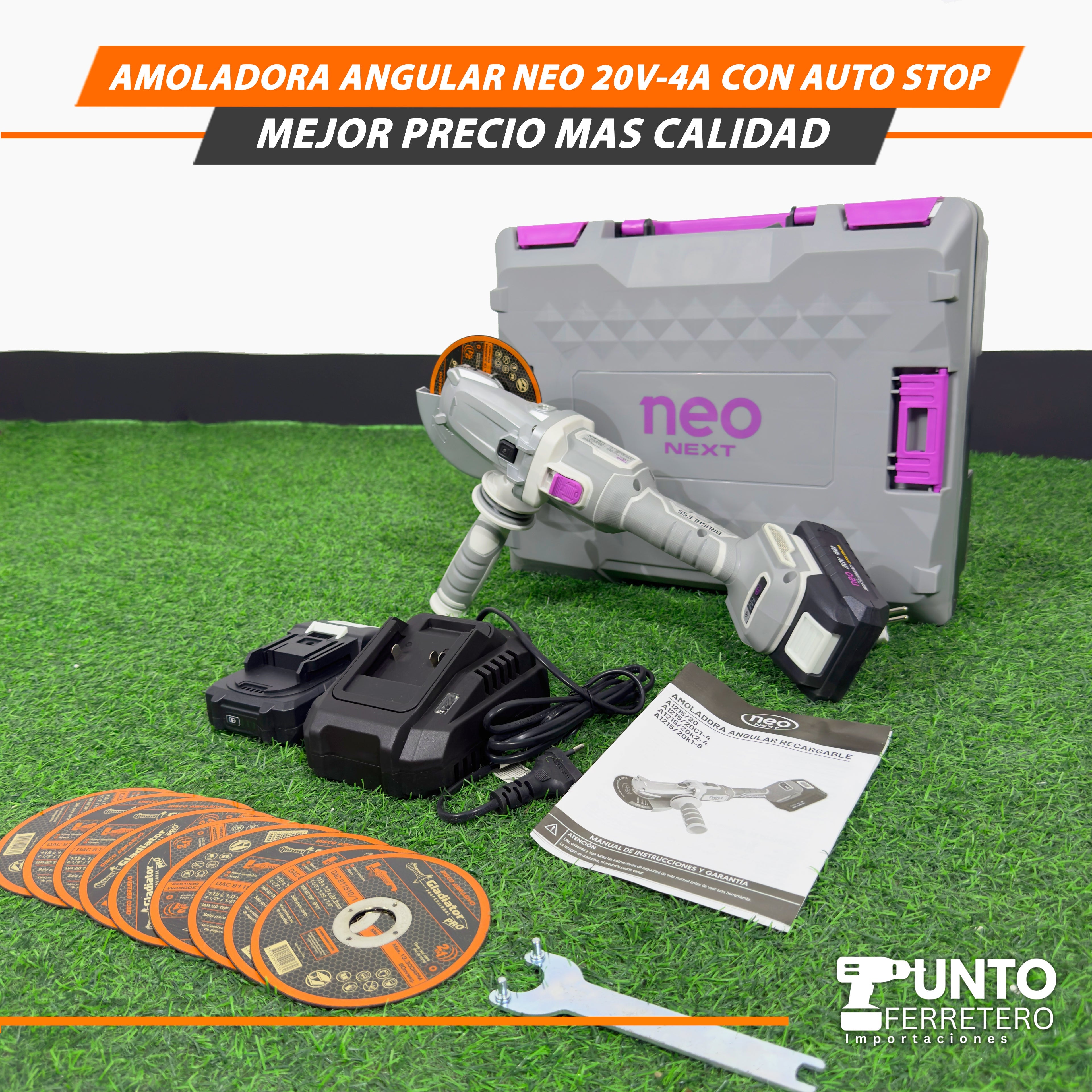 Amoladora Angular Neo de 20V-4A con Auto Stop