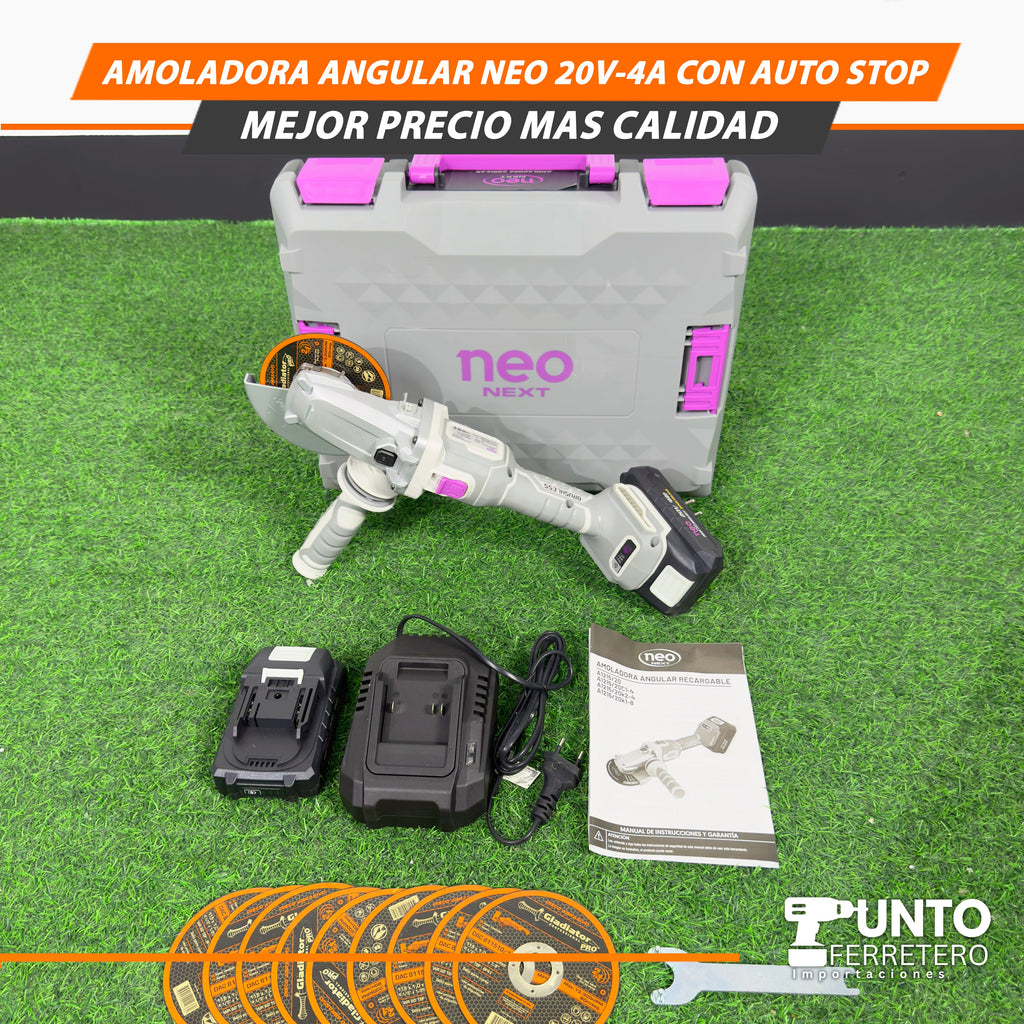 Amoladora Angular Neo de 20V-4A con Auto Stop