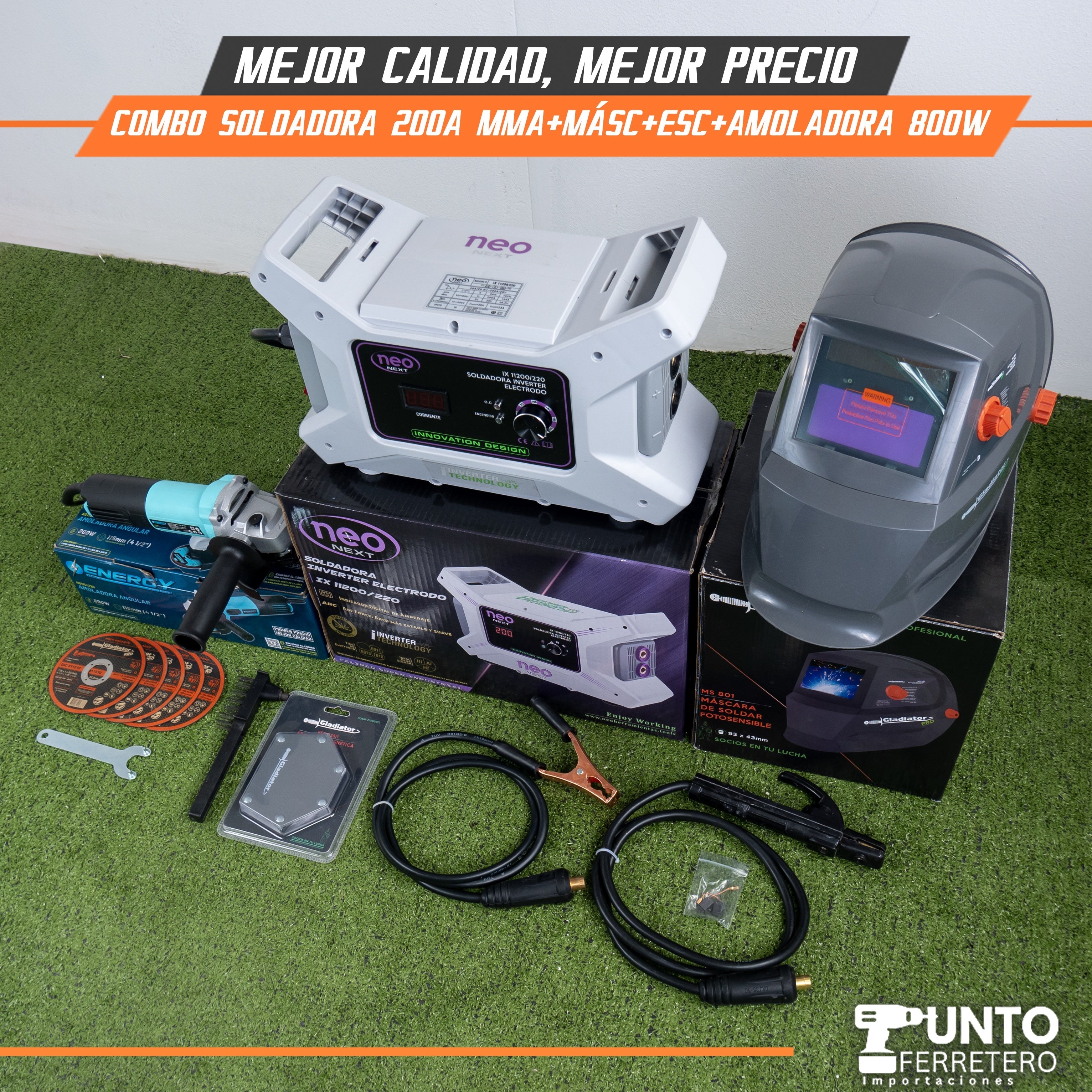 combo soldadora neo 200A + amoladora+ escuadra 800W