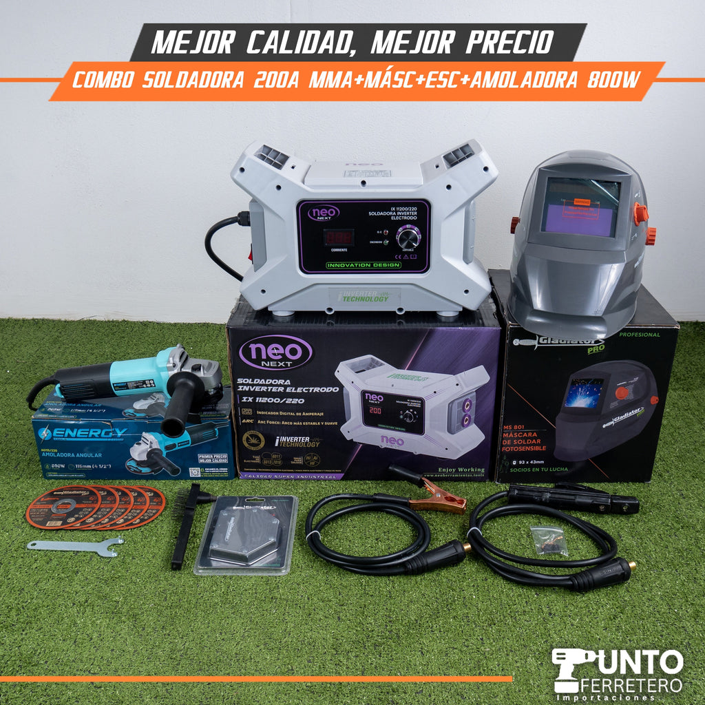 combo soldadora neo 200A + amoladora+ escuadra 800W