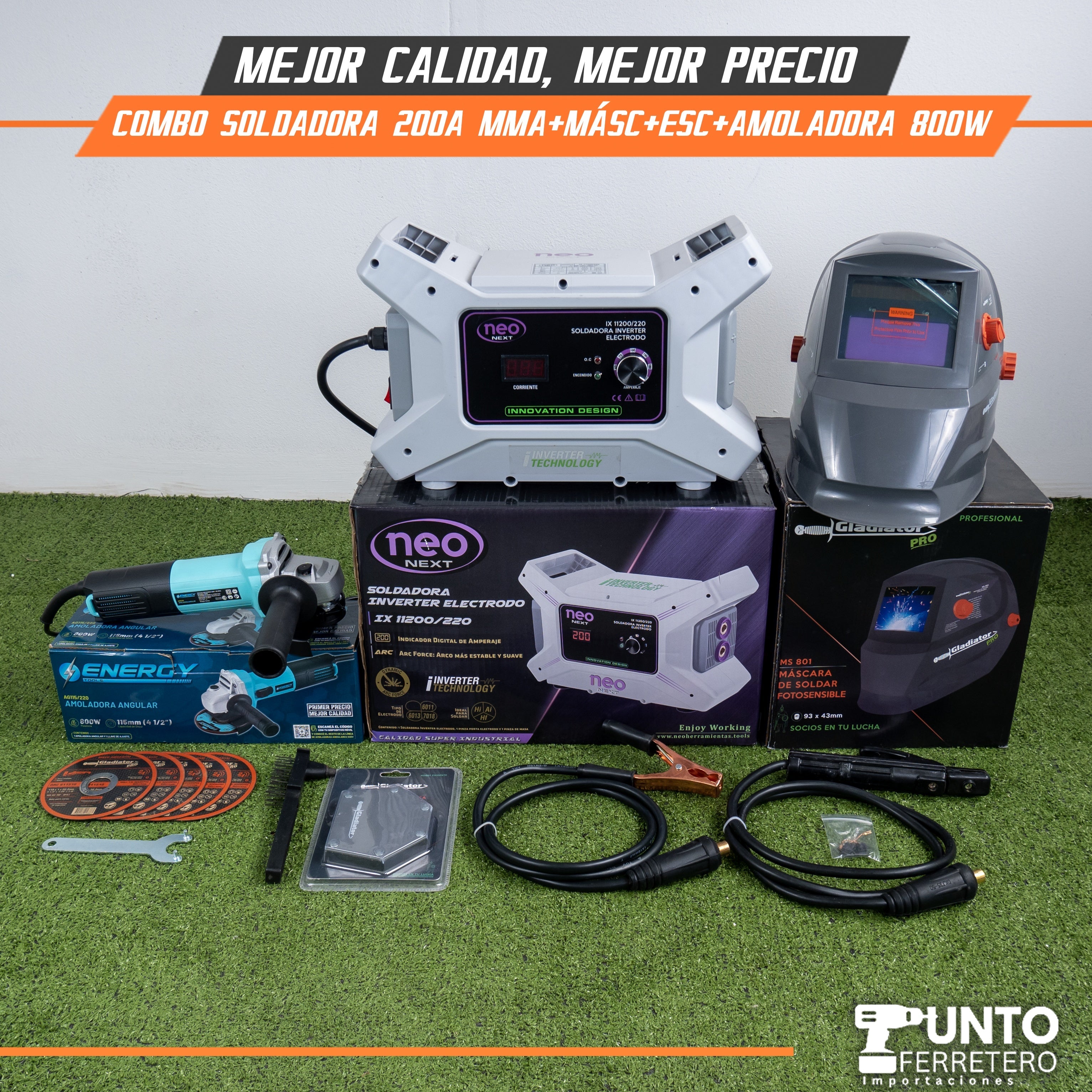 combo soldadora neo 200A + amoladora+ escuadra 800W