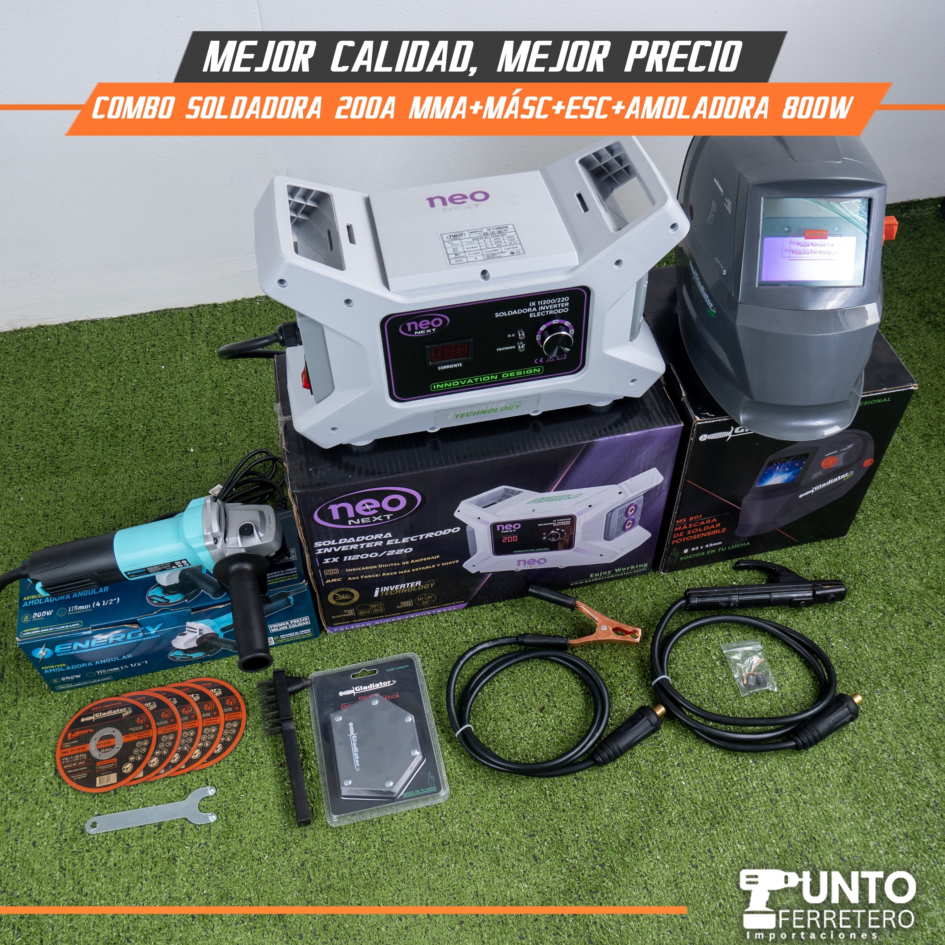 combo soldadora neo 200A + amoladora+ escuadra 800W