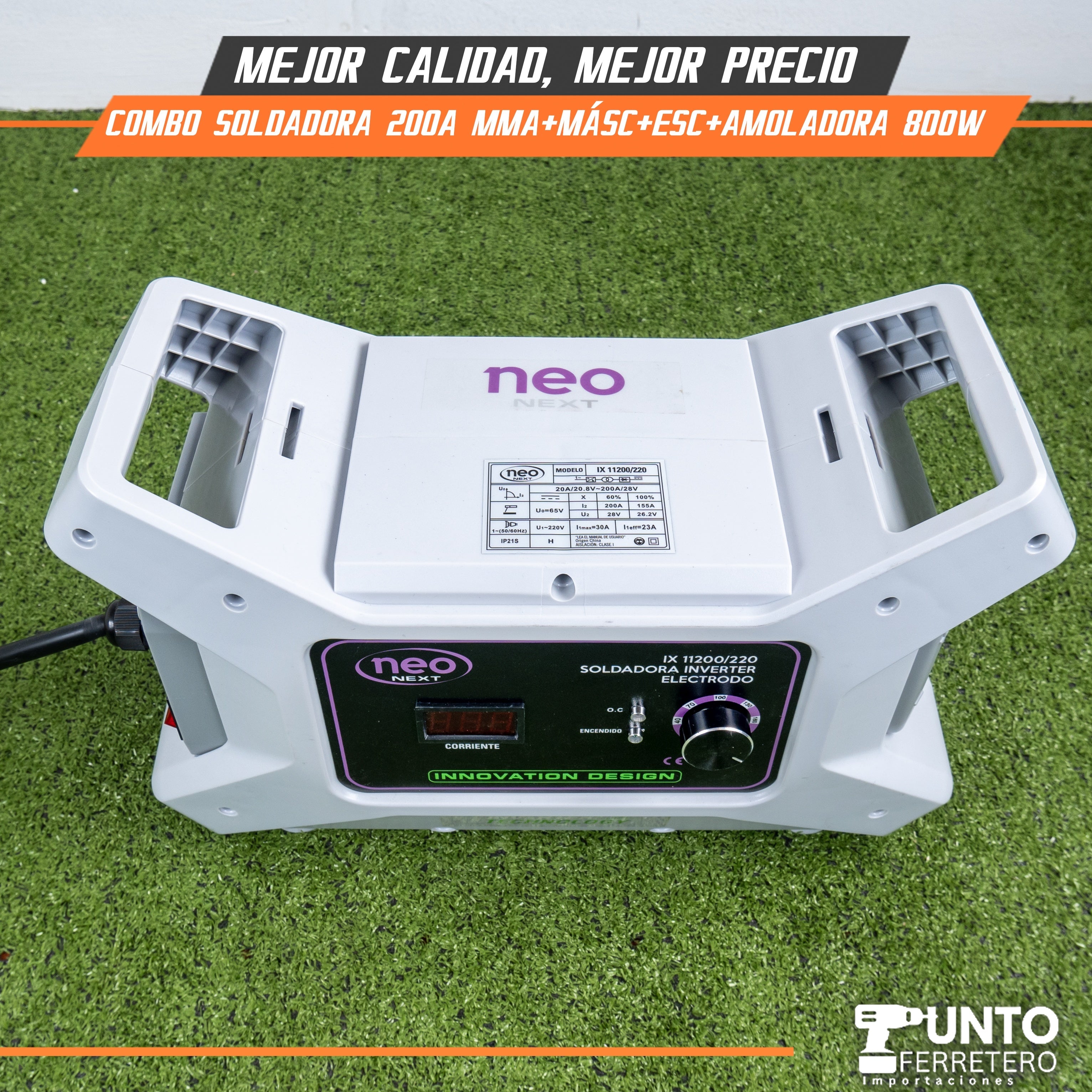 combo soldadora neo 200A + amoladora+ escuadra 800W