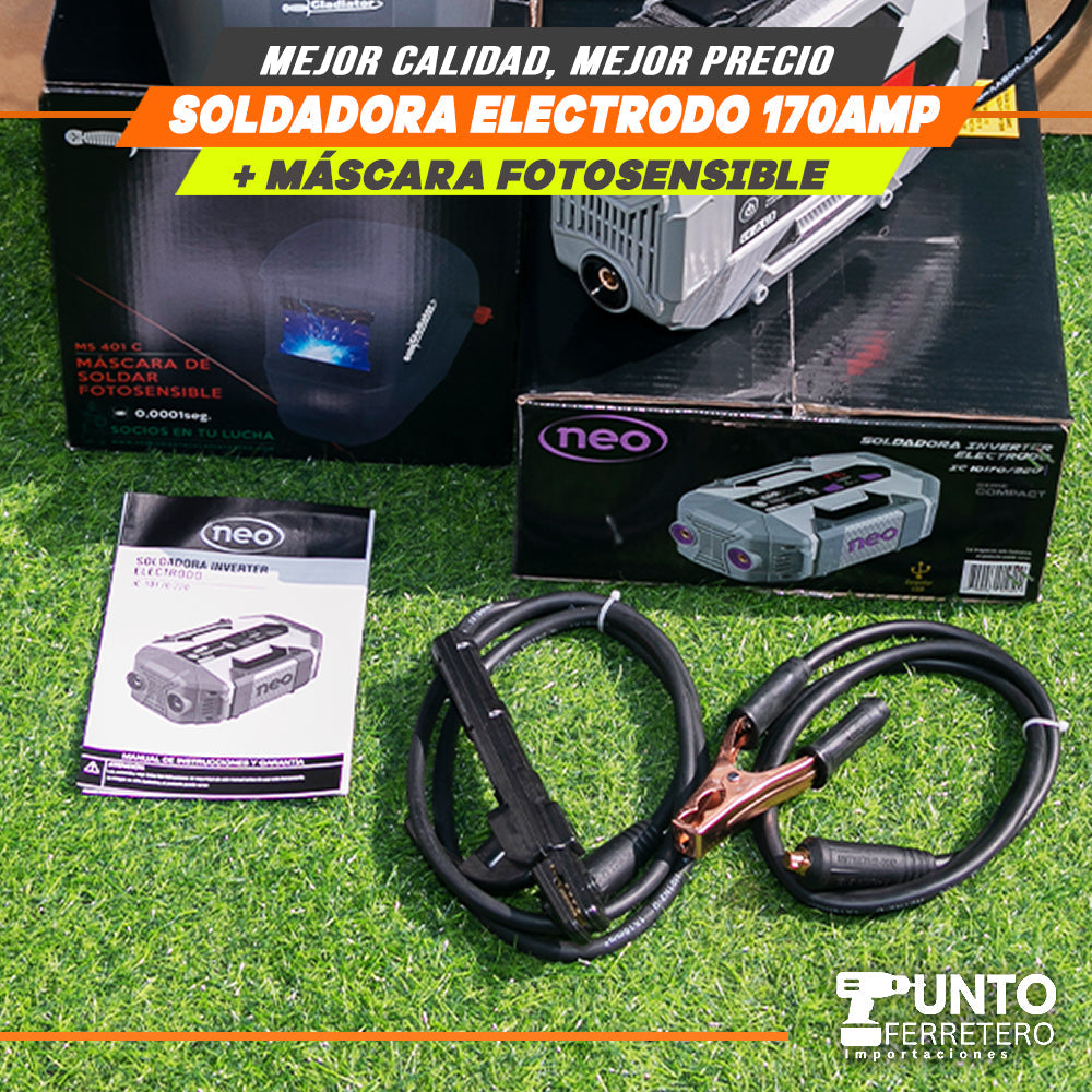 soldadora neo 170 amperios mma + mascara fotocensible 2 sensores uso industrial