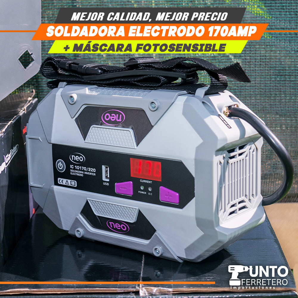 soldadora neo 170 amperios mma + mascara fotocensible 2 sensores uso industrial
