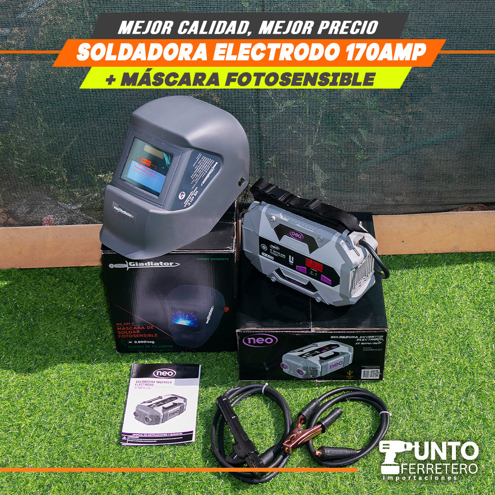 soldadora neo 170 amperios mma + mascara fotocensible 2 sensores uso industrial