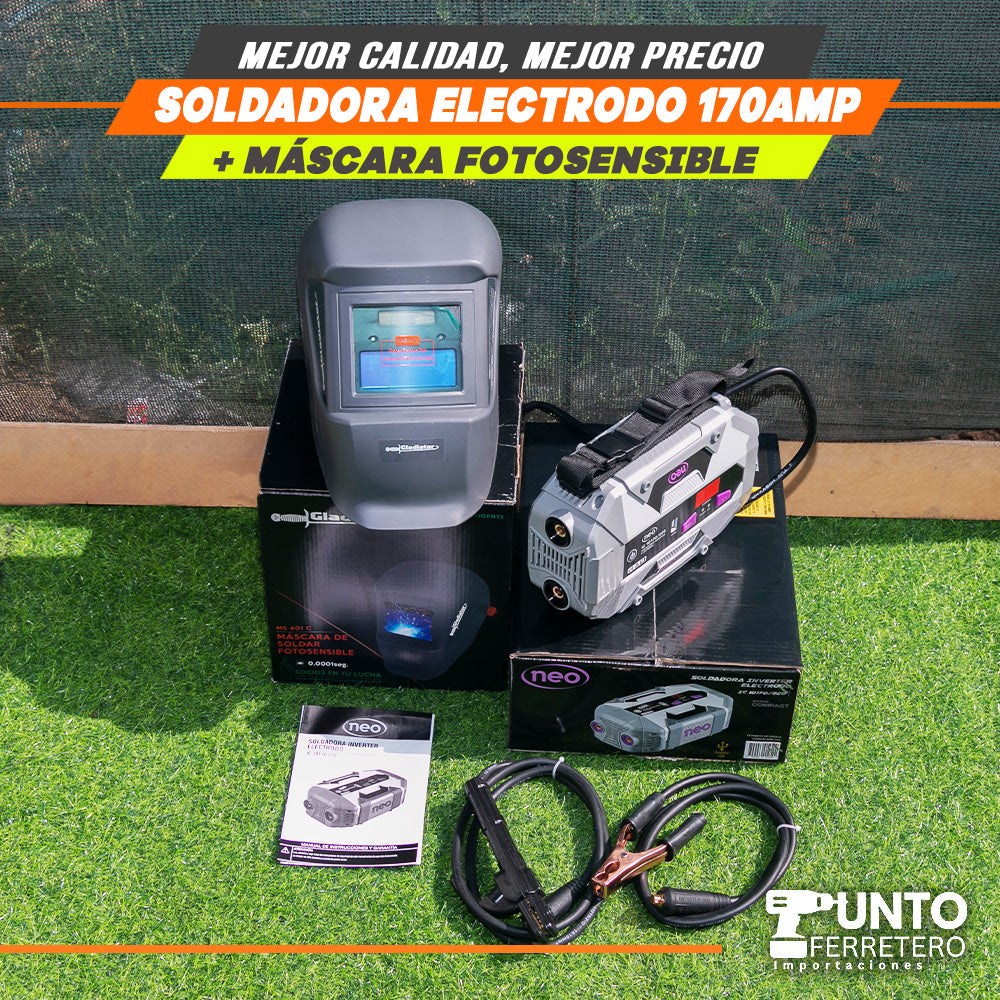 soldadora neo 170 amperios mma + mascara fotocensible 2 sensores uso industrial