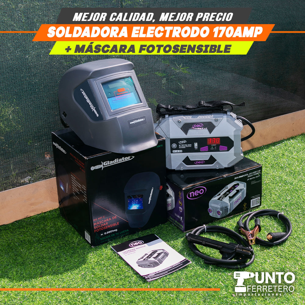 soldadora neo 170 amperios mma + mascara fotocensible 2 sensores uso industrial