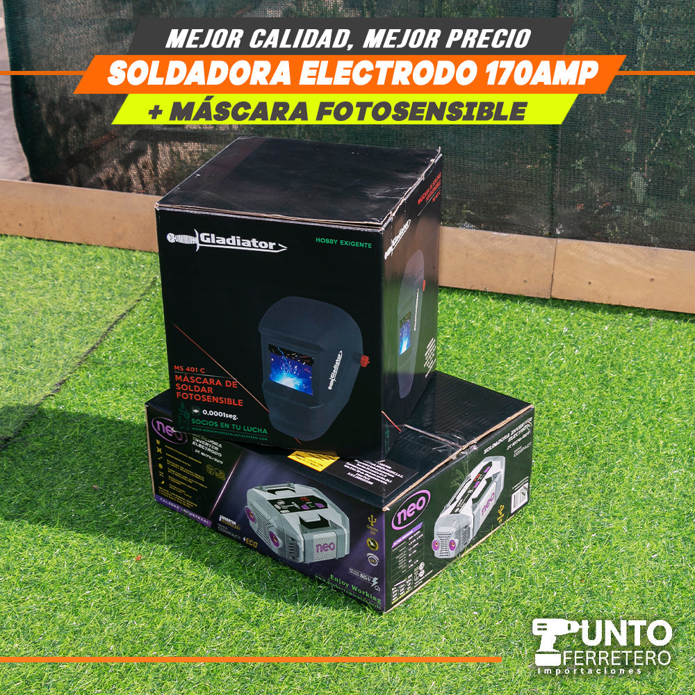soldadora neo 170 amperios mma + mascara fotocensible 2 sensores uso industrial