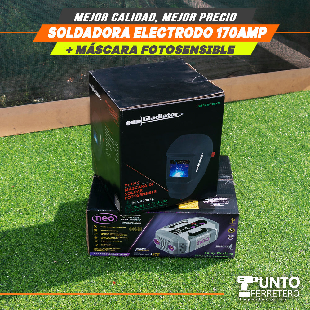 soldadora neo 170 amperios mma + mascara fotocensible 2 sensores uso industrial