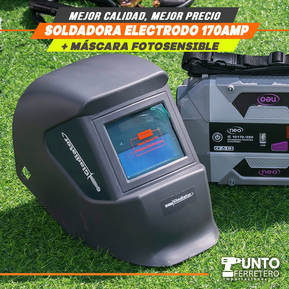 soldadora neo 170 amperios mma + mascara fotocensible 2 sensores uso industrial