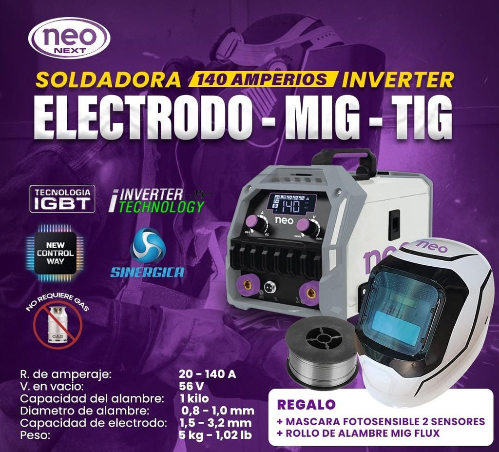 soldadora de 140 amperios neo  multiproceso modelo 2026 (mig-mma-tig lift)