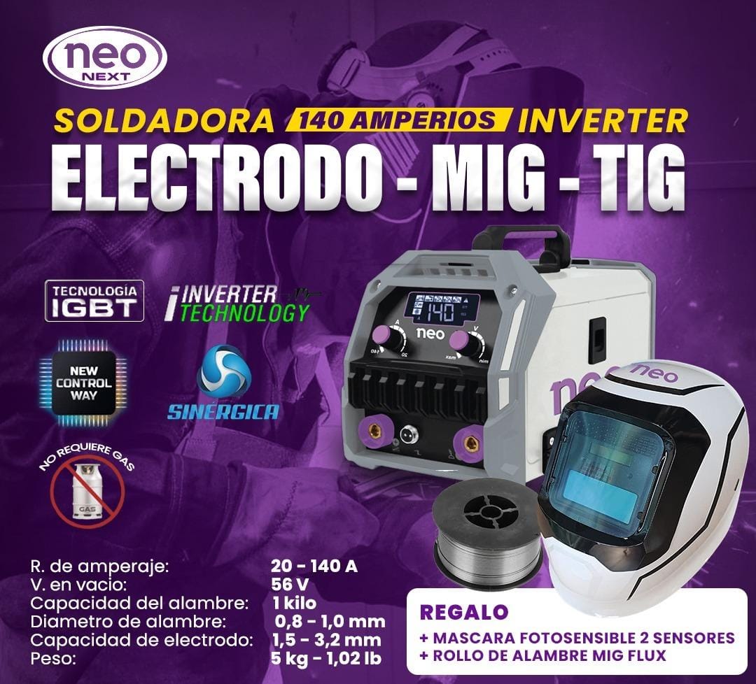 soldadora de 140 amperios neo  multiproceso modelo 2026 (mig-mma-tig lift)